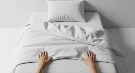 A person's hands resting on a pristine, white bed, ready for sleep.