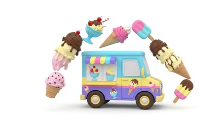 Cartoon ice cream truck surrounded by various ice cream treats, including cones, sundaes, and popsicles, against a white background.