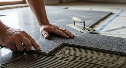 Close-up of hands laying gray floor tiles on adhesive during home renovation.