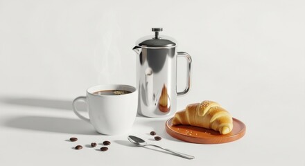 Still life featuring a steaming cup of coffee, a croissant on a plate, a French press, and coffee beans.