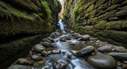 A narrow gorge features a flowing stream cascading through mossy stone walls.