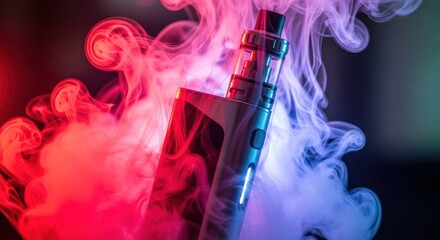 A vape device is surrounded by colorful smoke, with red and blue hues creating a dramatic effect.