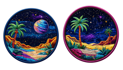 Interstellar embroidered patch bundle isolated on transparent background.