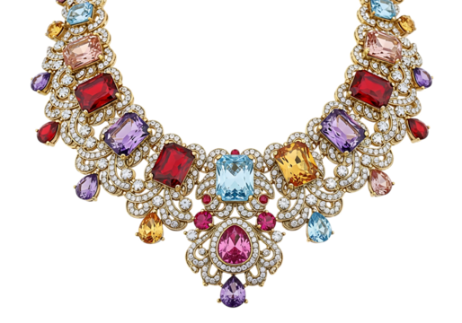 Exquisite multigemstone necklace isolated on transparent background