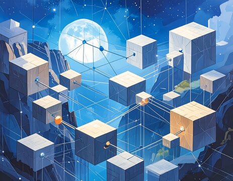 Connected cubes in a starry night landscape - Powered by Adobe