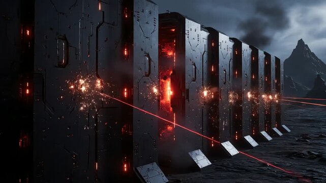 Futuristic Laser Defense Grid Under Stormy Skies: Visualizing Advanced Security Technology, showcasing future tech security and power, landscape,