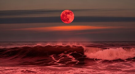 Crimson Moon Rises Over Dramatic Ocean Waves at Sunset