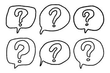 Hand drawn question marks icon set inside speech bubbles, sketch question ask white white background