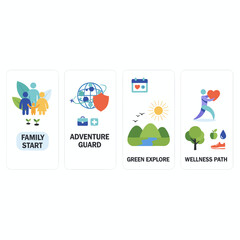 Fototapeta premium A collection of web page templates covering family planning, travel insurance, nature, and healthy living, featuring contemporary vector illustration concepts for both website and mobile development