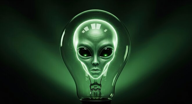 Ethereal Alien Face Glowing Inside Light Bulb