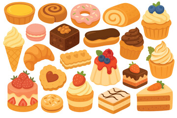 Cute flat dessert collection with cakes, cupcakes, donuts, cookies, croissant, pudding, eclair, and strawberry sweets.