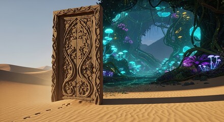 Ancient Desert Portal Opens to Vibrant Bioluminescent Forest