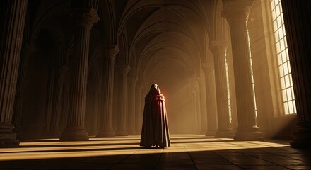 Mysterious figure in ornate hall bathed in sunlight