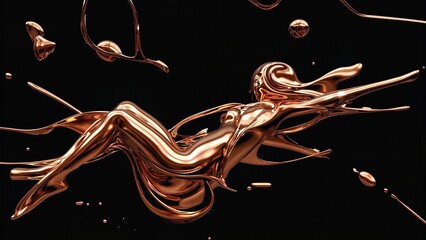 Floating Copper Liquid Female Body In Dynamic Pose. Surreal Abstract Design With Fluid Movement And Dark Background