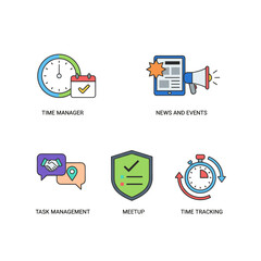 A set of Material Design icons for time management, news and events, meetups, task management, and time tracking, plus a UI/UX kit for web design, applications, mobile interfaces, infographics, and