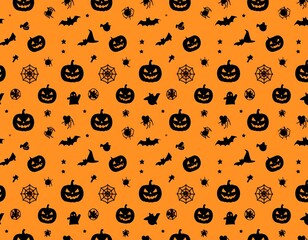 Halloween pattern of pumpkins, bats, spiders, and webs on an orange background