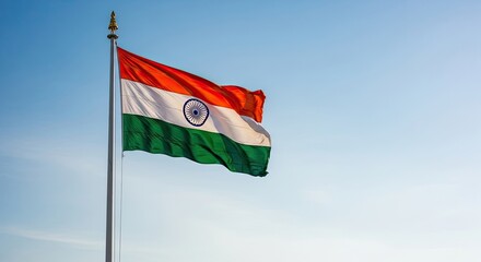 Indian Tricolour Flag Flying High Against Clear Blue Sky