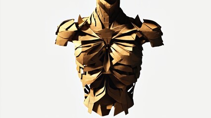 Golden Sculptural Torso In Fragmented Geometric Layers. Stylized Body Structure On White Background