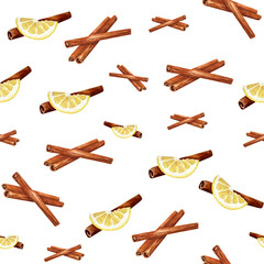Christmas baking  seamless pattern with lemon and cinnamon sticks . Cozy winter wallpaper. Watercolor illustration for wrapping paper, wallpaper, package design. 