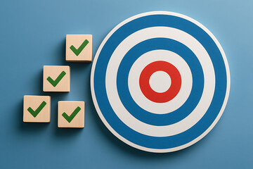 Goal achievement and success concept with target board and wooden cubes marked with green checks representing task completion