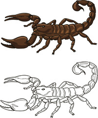 Detailed brown scorpion with large claws and a raised, stinging tail, vector illustration for insect, nature, poison, desert, wildlife, isolated

