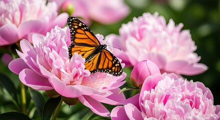 Monarch Butterfly Resting On A Delicate Pink Peony Flower
