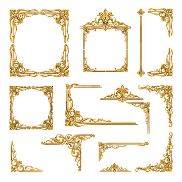 Collection of ornate golden baroque frames and corner elements isolated on transparent background