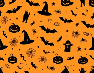 Halloween pattern with silhouettes of bats, pumpkins, spider webs, and witch hats on an orange background