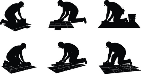 Worker laying floor tiles, silhouette icons showing tiling process, ceramic tile installation, home renovation, construction, flooring, hard work, precision