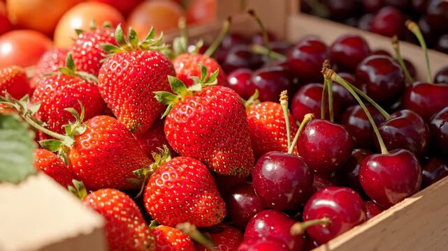 Close-up of Fresh Strawberries and Cherries at Market - A close-up shot showcases a vibrant display of ripe strawberries and cherries, bursting with color.