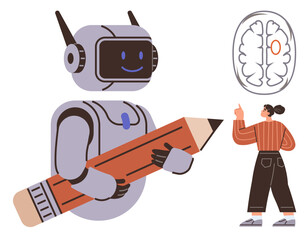 Robot holding large pencil beside woman pointing at brain diagram, symbolizing AI, creativity, and innovation. Ideal for education, analytics, technology, problem-solving, science teamwork simple