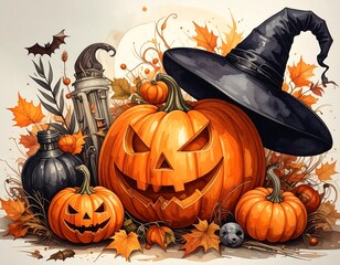 Halloween pumpkin display with witch's hat