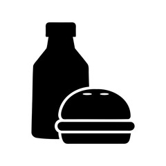 Black and white illustration of a drink bottle alongside a burger