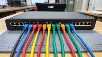 Colorful ethernet cable network router switch setup in lab, close up technical detail with ports, leds, and tidy wiring management