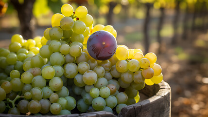 Sunlit ripe green grapes overflowing from a rustic wooden barrel with a single plum on top