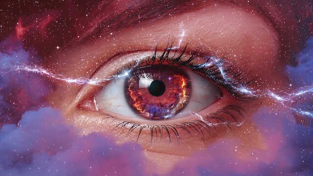 Fiery Cosmic Eye With Lightning Iris In Outer Space Background. Surreal Vision And Energy Awareness Concept - Powered by Adobe