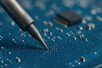 Detailed Close-Up of a Soldering Iron Tip on a Circuit Board, Highlighting Electronic Connections and Component Layout in a High-Tech Environment