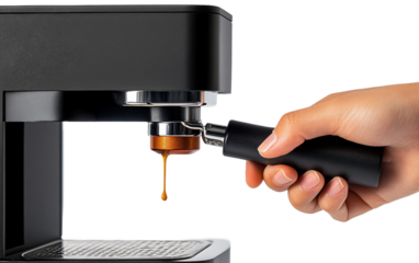 Close view of barista preparing espresso as coffee grounds fall into metal portafilter before brewing isolated on transparent background PNG