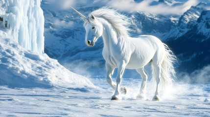 A majestic unicorn stands gracefully on a frozen Arctic landscape, surrounded by icy terrain and snow. Ideal for fantasy art, magical storytelling, and mystical themes.
