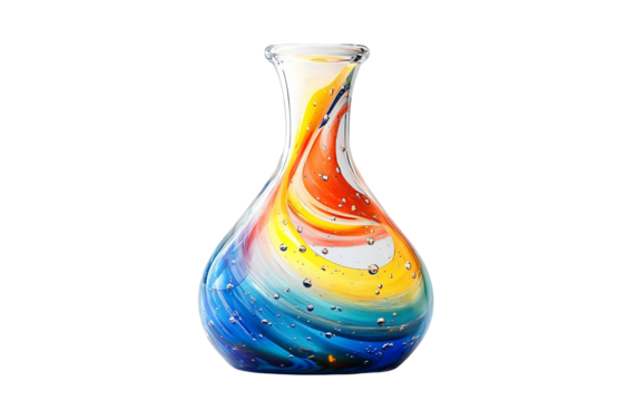 Scientific glass flask with rotating fluid representing chemical reaction and motion in a lab setting isolated on transparent background PNG - Powered by Adobe