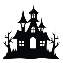 Haunted House Halloween Scene with Bare Trees in Black Silhouette on White Background