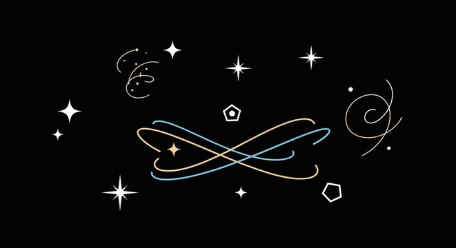 Abstract cosmic design with swirling lines and celestial elements.