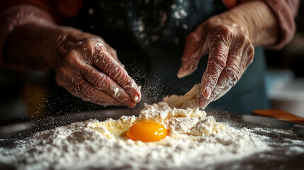 Close-up of elderly woman’s hands in apron whisking egg into flour at home, capturing a cozy baking moment. Ideal for food blogs, cooking tutorials, and home lifestyle content.
