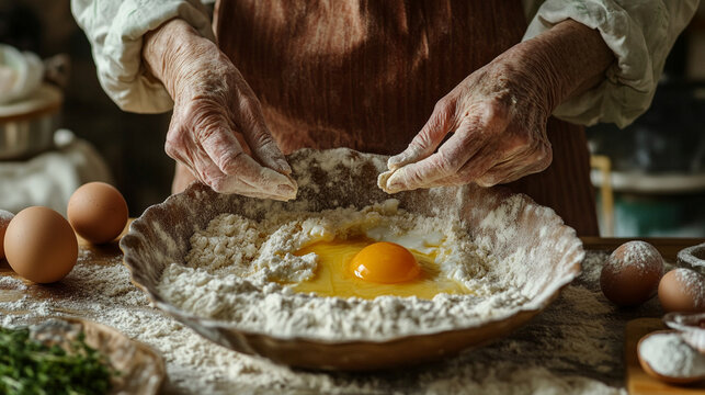 Close-up of elderly woman’s hands in apron whisking egg into flour at home, capturing a cozy baking moment. Ideal for food blogs, cooking tutorials, and home lifestyle content.
