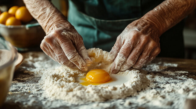 Close-up of elderly woman’s hands in apron whisking egg into flour at home, capturing a cozy baking moment. Ideal for food blogs, cooking tutorials, and home lifestyle content.
