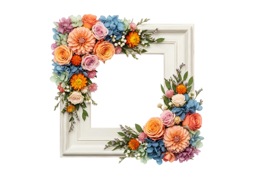 White wooden picture frame decorated with colorful flowers isolated on transparent background