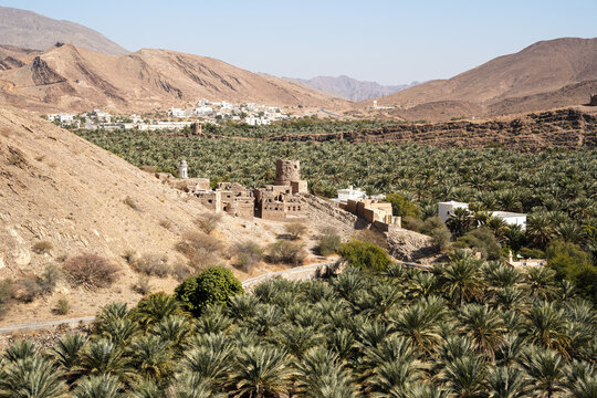 Harat as Sibani aerial panoramic view of aflaj irrigation system with palm trees, Nizwa, Oman