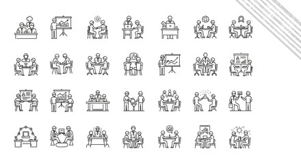 A Collection of Hand Drawn Business Meeting and Collaboration Icons Representing Teamwork and Professional Interaction