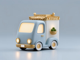 3D hanok food truck with luminous blue glow