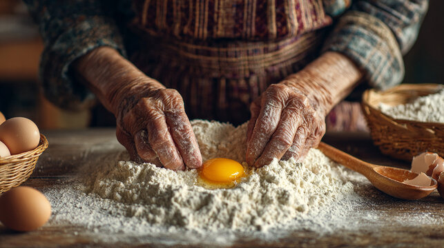 Close-up of elderly woman’s hands in apron whisking egg into flour at home, capturing a cozy baking moment. Ideal for food blogs, cooking tutorials, and home lifestyle content.
